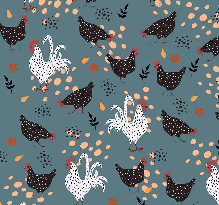 Keuken rolgordijn zwart-witte kippen met bloemen - TenStickers