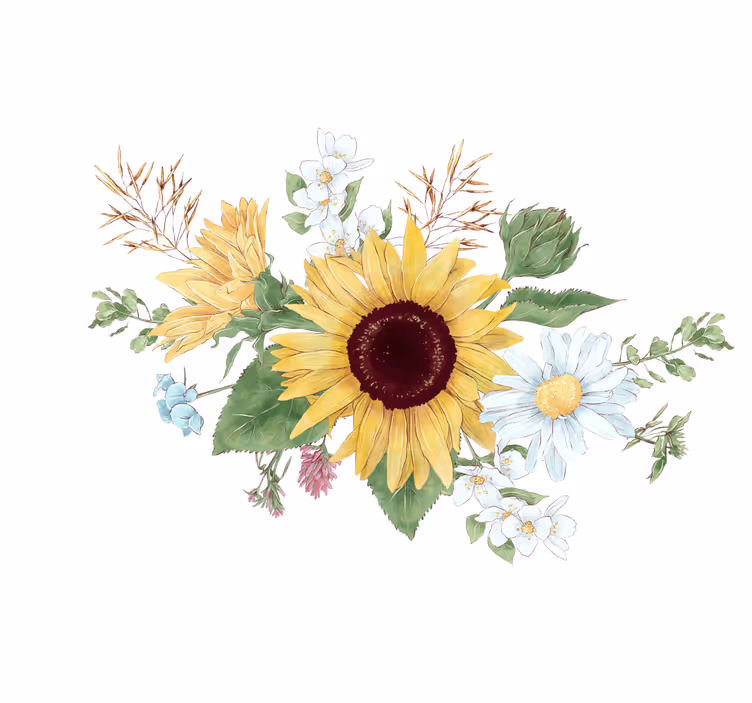 Wit rolgordijn zonnebloemen en madeliefjes - TenStickers