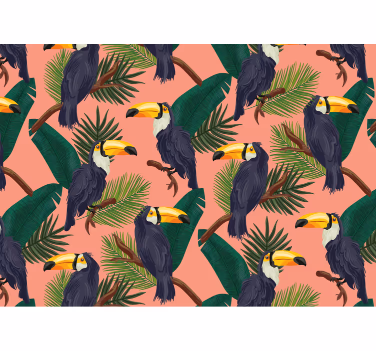 Rolgordijn woonkamer exotisch roze landschap met toekans - TenStickers