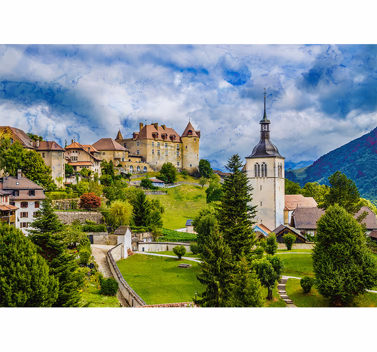Rolgordijn woonkamer middeleeuwse stad in gruyères - TenStickers