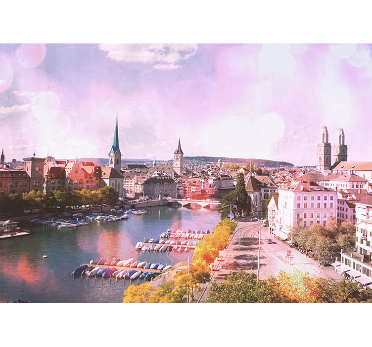 Rolgordijn woonkamer uitzicht op huizen en meer zürich - TenStickers