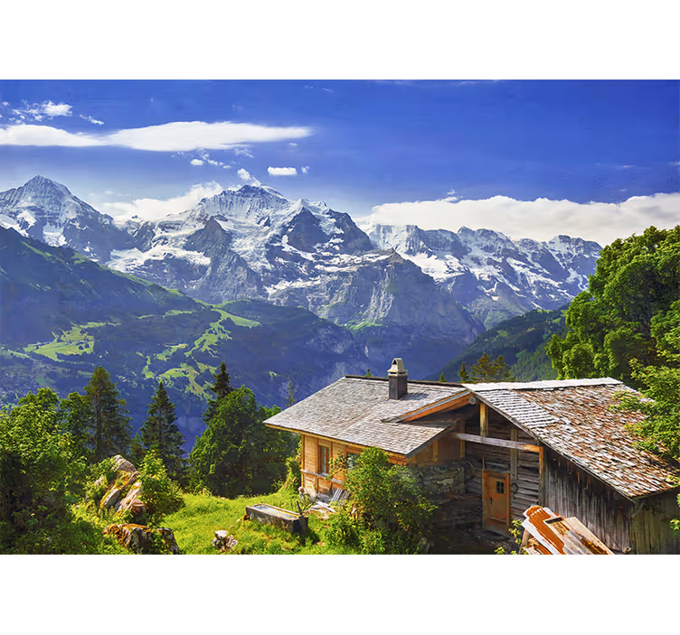Rolgordijn woonkamer grindelwald sneeuwbergen en groen veld - TenStickers