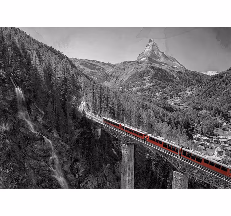 Rolgordijn woonkamer rode trein op brug met matterhorn - TenStickers