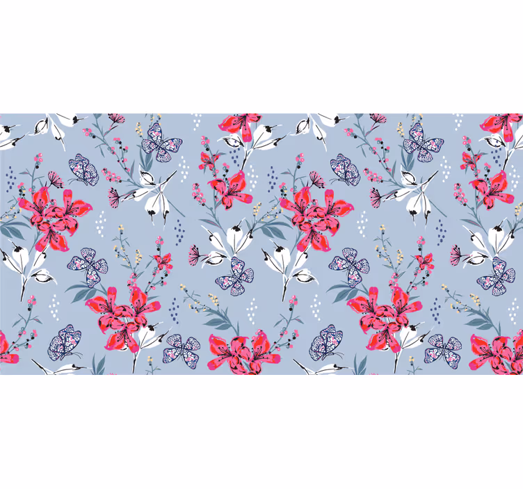 Rolgordijn woonkamer abstracte rode bloemen met vlinders - TenStickers