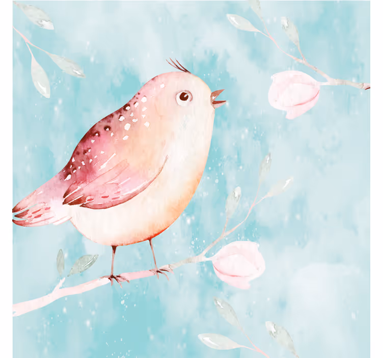 Rolgordijn woonkamer geschilderde vogel met witte bloemen - TenStickers