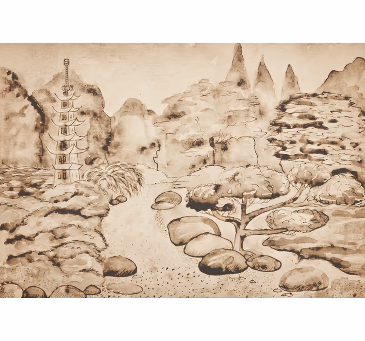 Rolgordijn beige japandi stijl japanse tuin - TenStickers