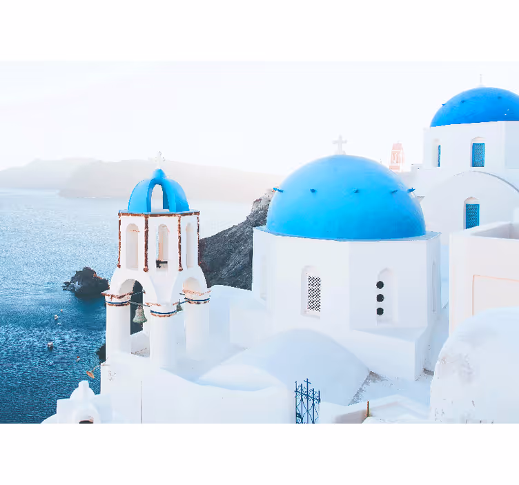 Rolgordijn slaapkamer santorini witte en blauwe huizen - TenStickers