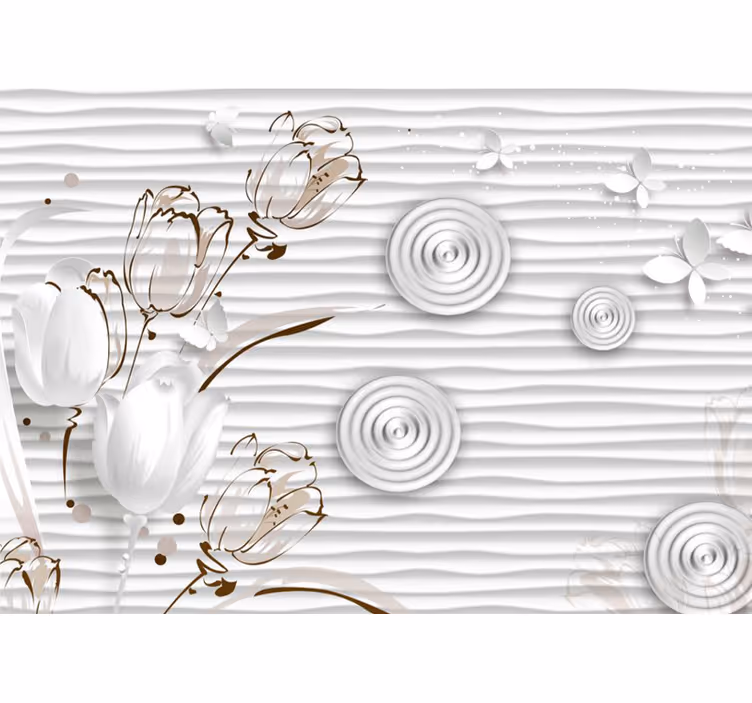 Wit rolgordijn met geïllustreerde tulpen en witte cirkels - TenStickers