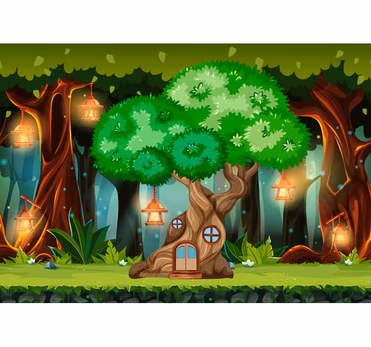 Kinderkamer rolgordijn muurschildering boomhut met lantaarns - TenStickers