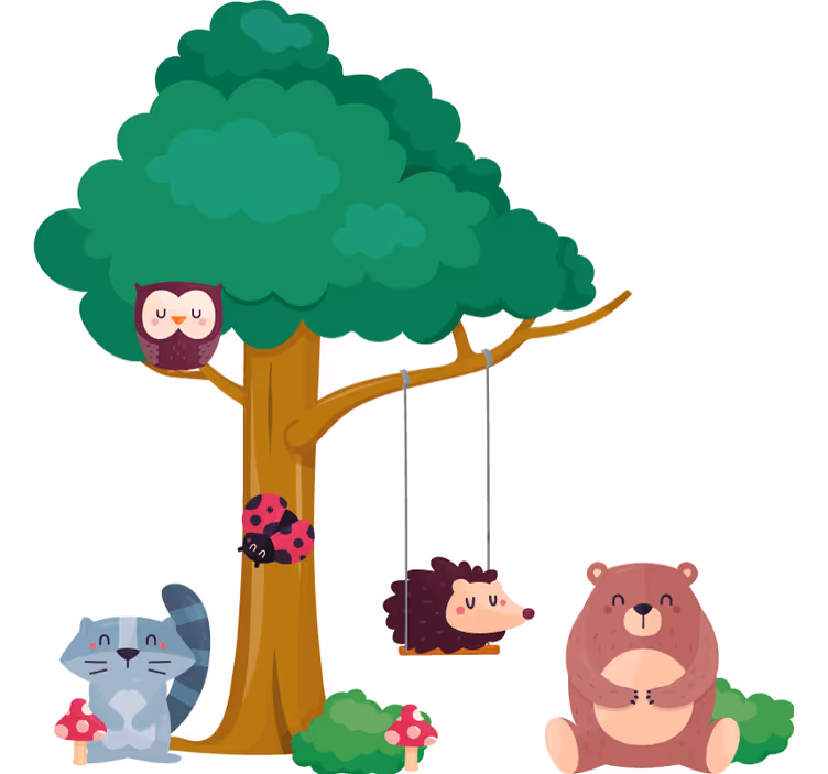 Kinderkamer rolgordijn bosdieren rond een schommel - TenStickers