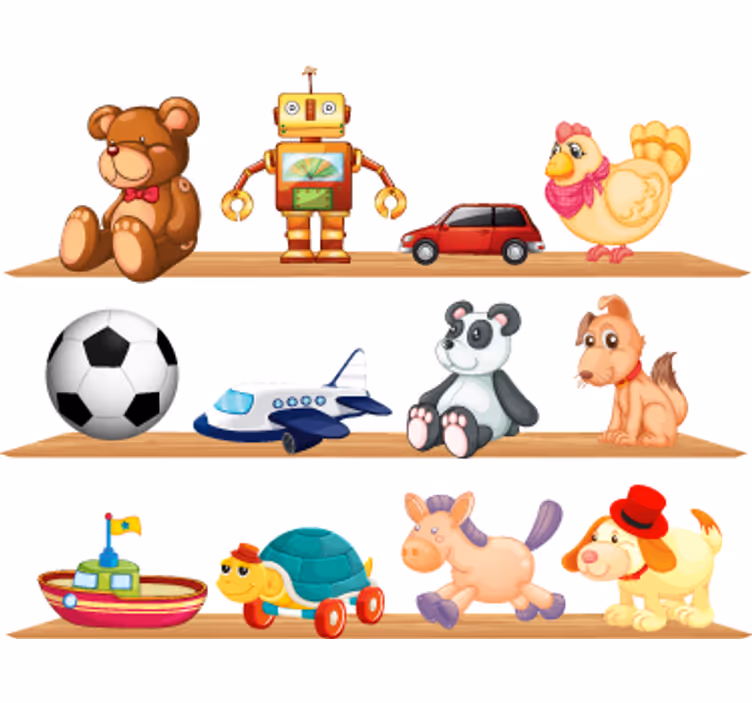 Kinderkamer rolgordijn met planken vol speelgoed - TenStickers