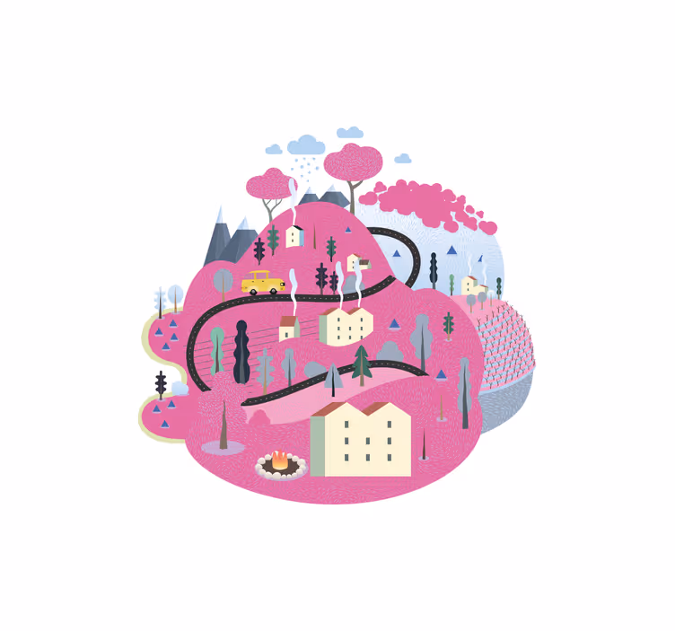 Kinderkamer rolgordijn roze bergen met huizen - TenStickers