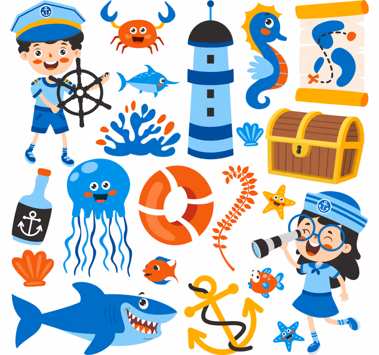 Kinderkamer rolgordijn piraten en zeedieren - TenStickers