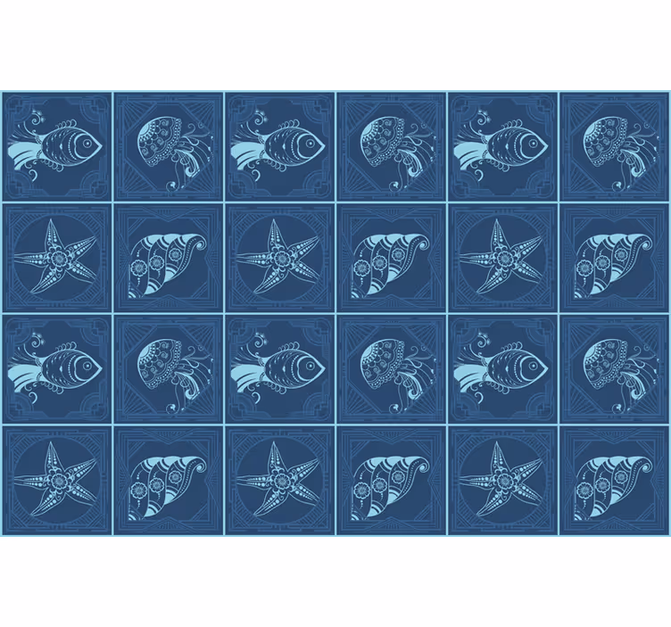 Blauw rolgordijn met sierlijke zeeleven tegels - TenStickers