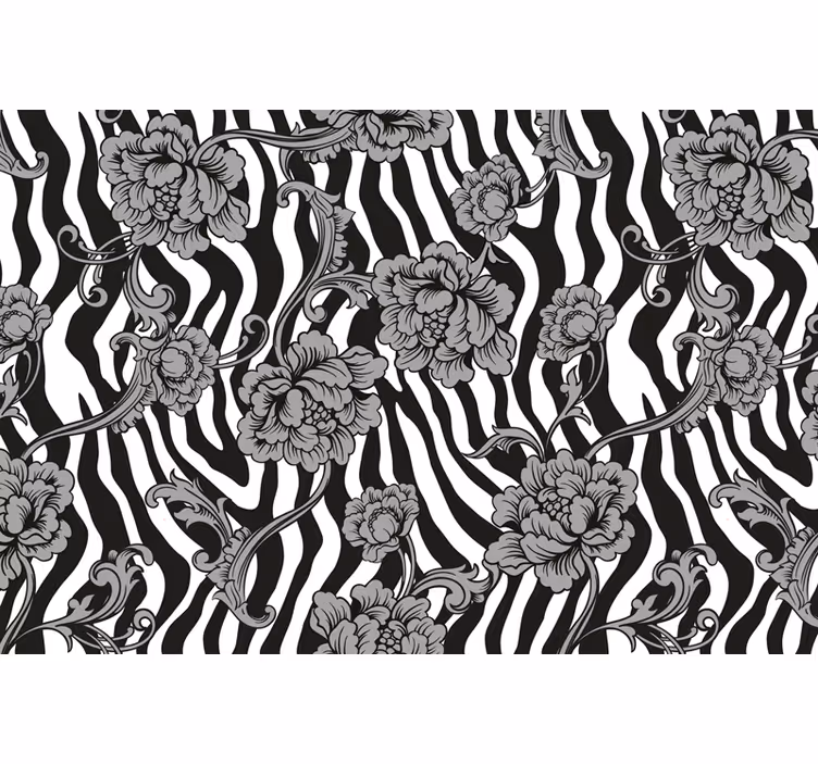 Rolgordijn zwart zebra print en ornamentale bloemen - TenStickers