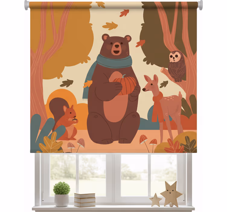 Kinderkamer rolgordijn blije dieren in herfstbos - TenStickers