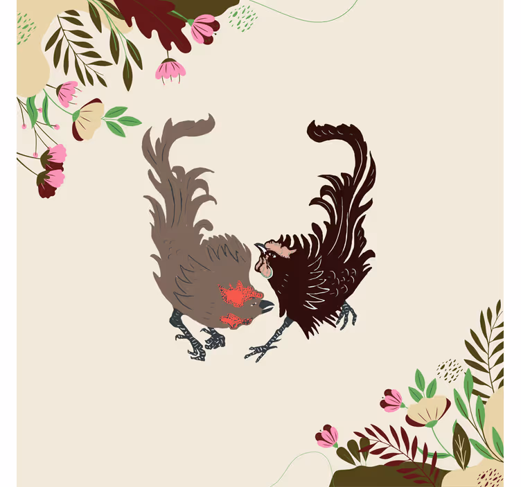Rolgordijn beige met twee hanen, bladeren en bloemen - TenStickers