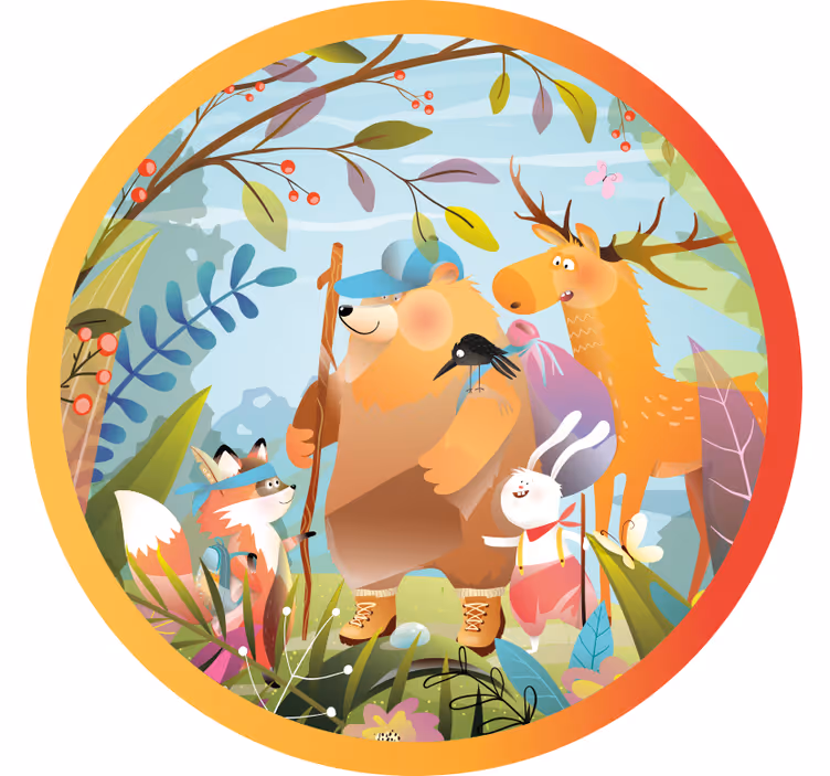 Rolgordijn grappig dierenvrienden in het bos - TenStickers