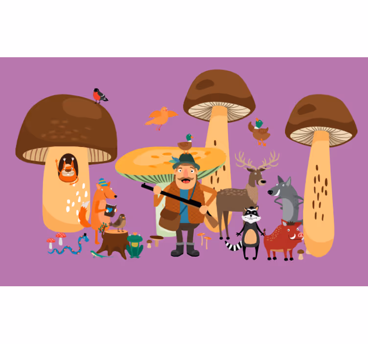 Rolgordijn grappig vogels in paddenstoelenbos - TenStickers
