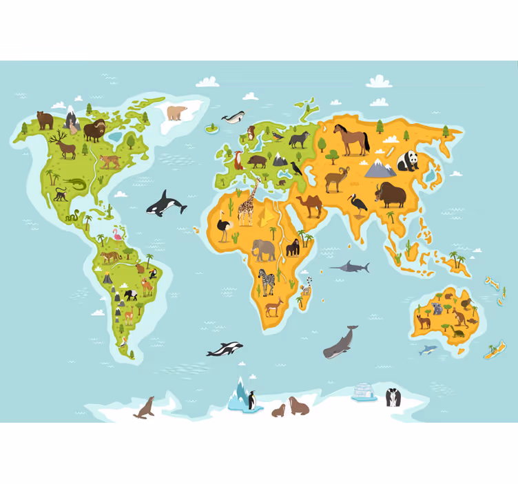 Wereldmap rolgordijn kinderbehang fauna en flora - TenStickers