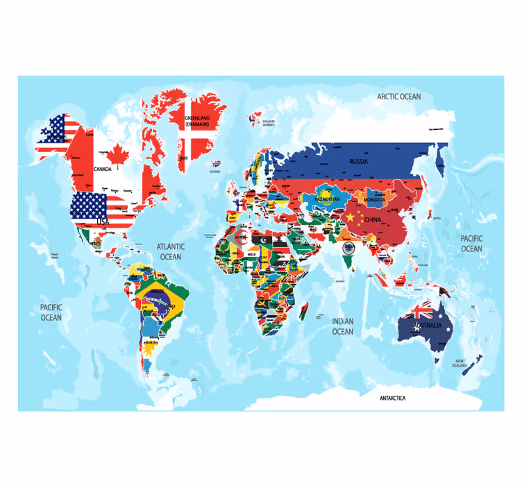 Wereldmap rolgordijn met landenvlaggen - TenStickers