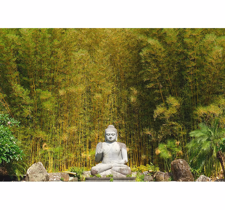 Zen rolgordijn grijze boeddha kijkt naar groene natuur - TenStickers