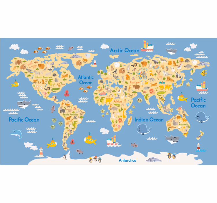 Continenten en fauna wereldmap rolgordijn - TenStickers