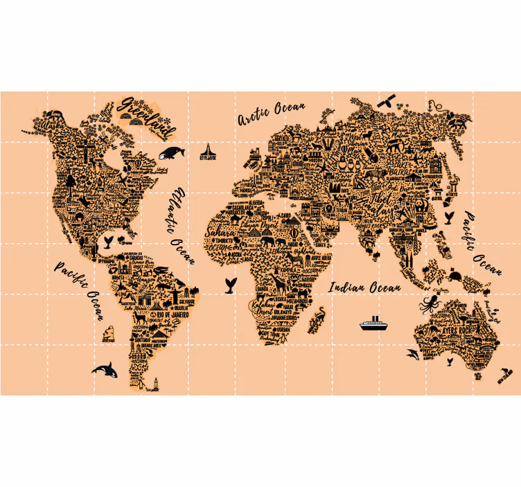 Iconische monumenten wereldmap rolgordijn - TenStickers