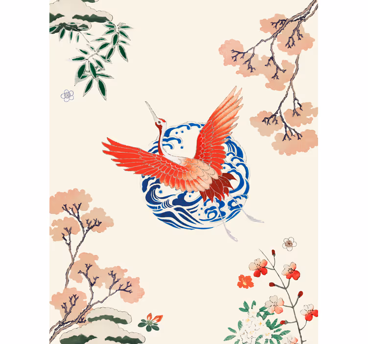 Vliegende kraanvogel bloei rolgordijn bloemen en planten - TenStickers