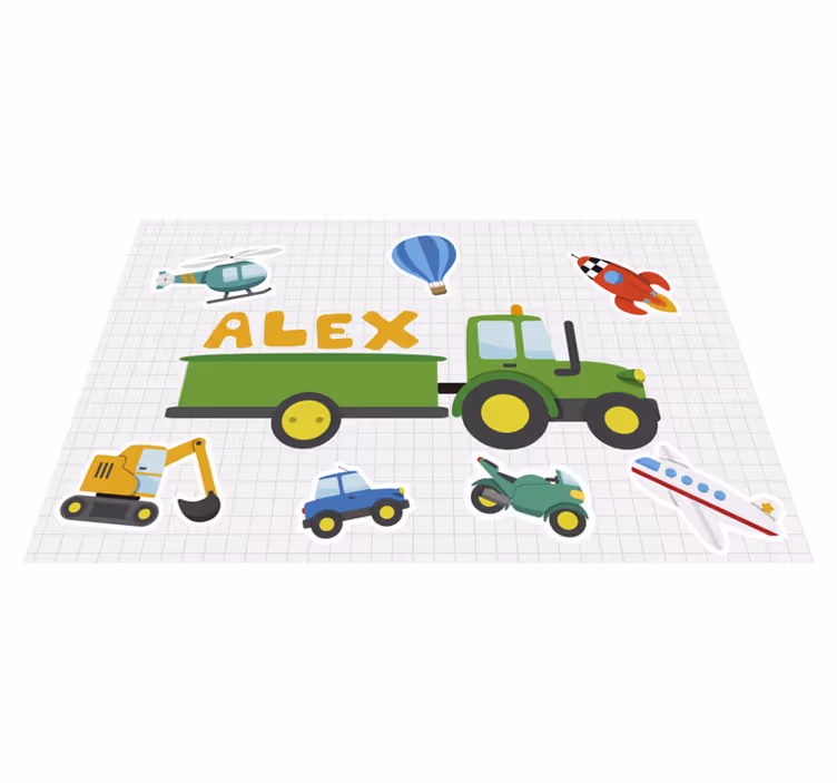 Tekenfilm voertuigen met naam placemat - TenStickers