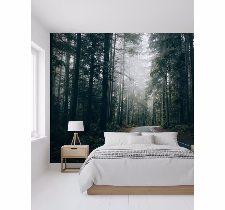 Behang bos mistige dennenweg - TenStickers
