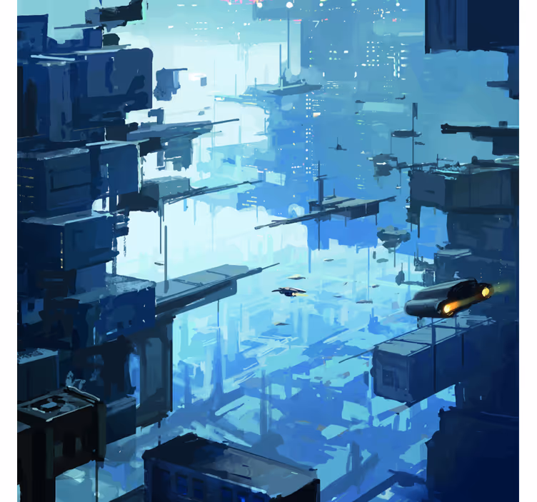 Blauw fotobehang futuristische stad met ruimteschepen - TenStickers