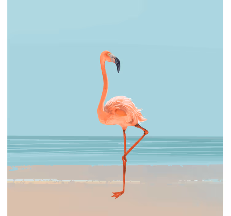 Blauw fotobehang met flamingobeeld op zand - TenStickers