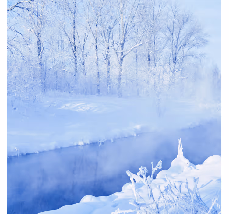 Blauw fotobehang witte bevroren bomen en rivier - TenStickers