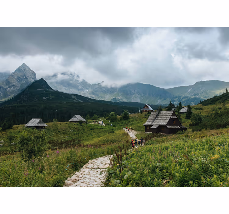 Fotobehang groen houten huizen in de tatra bergen - TenStickers