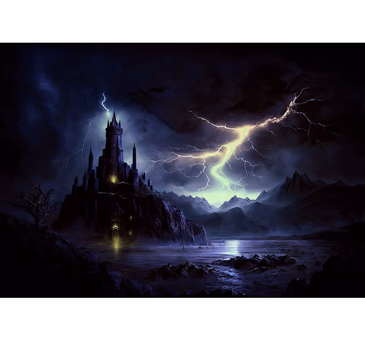 Fotobehang zwart donker kasteel en storm - TenStickers