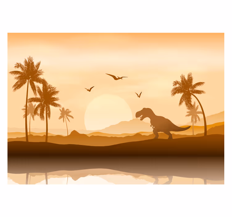 Dinosaurus zonsondergang landschap foto behang kinderkamer - TenStickers