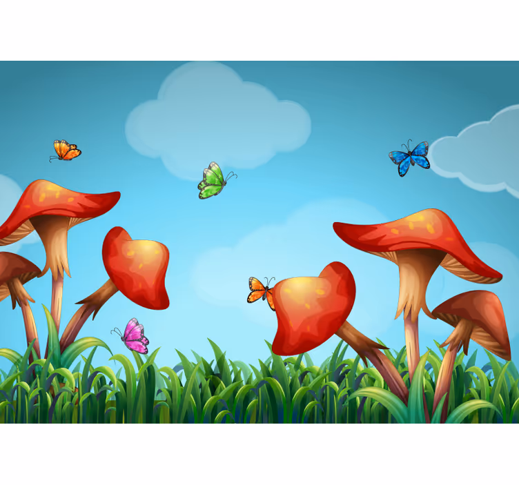 Fantasierijke paddenstoelentuin foto behang natuur - TenStickers