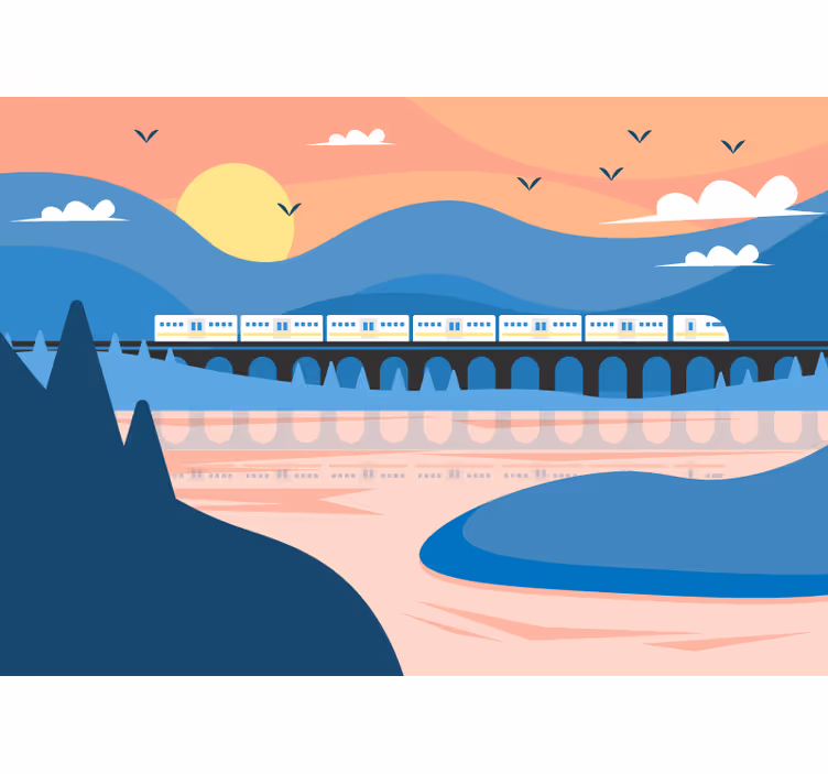 Fotobehang steden en landen train over bridge - TenStickers