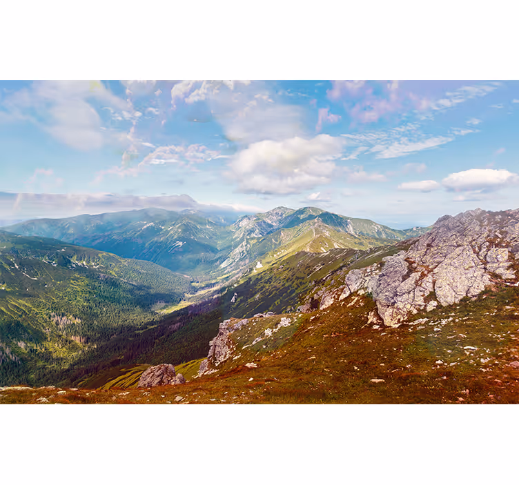 Foto behang bergen panoramisch uitzicht op bergen - TenStickers
