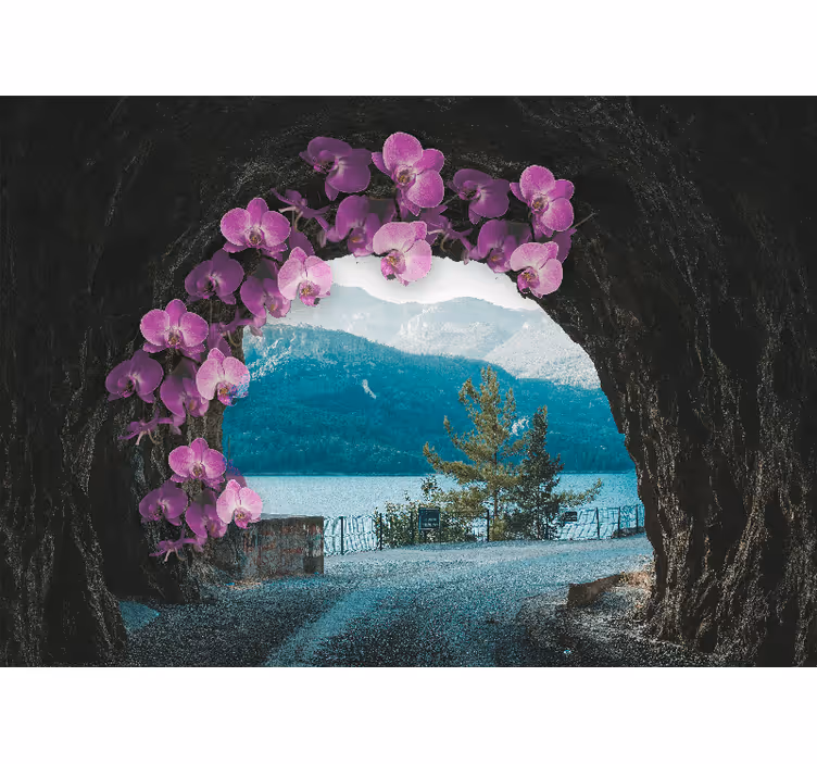 Orchideeën die het landschap omlijsten fotobehang bloemen - TenStickers