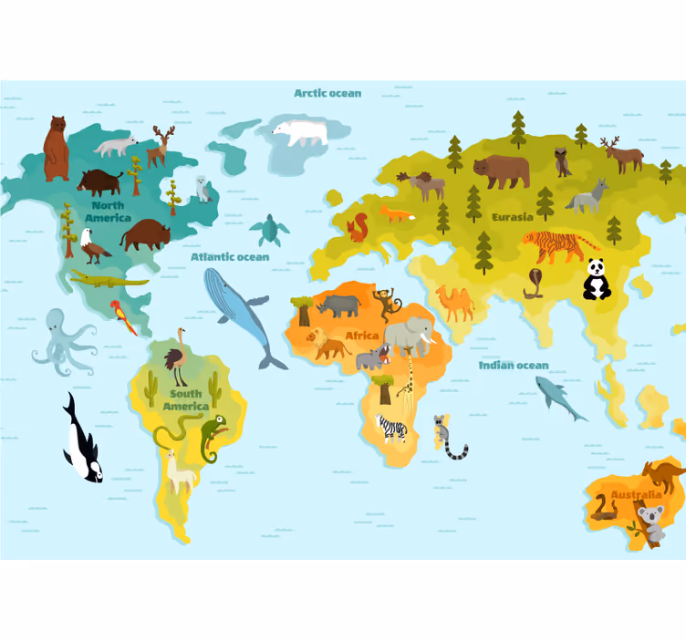 Fotobehang wereldkaart dierenwereld verkenning - TenStickers