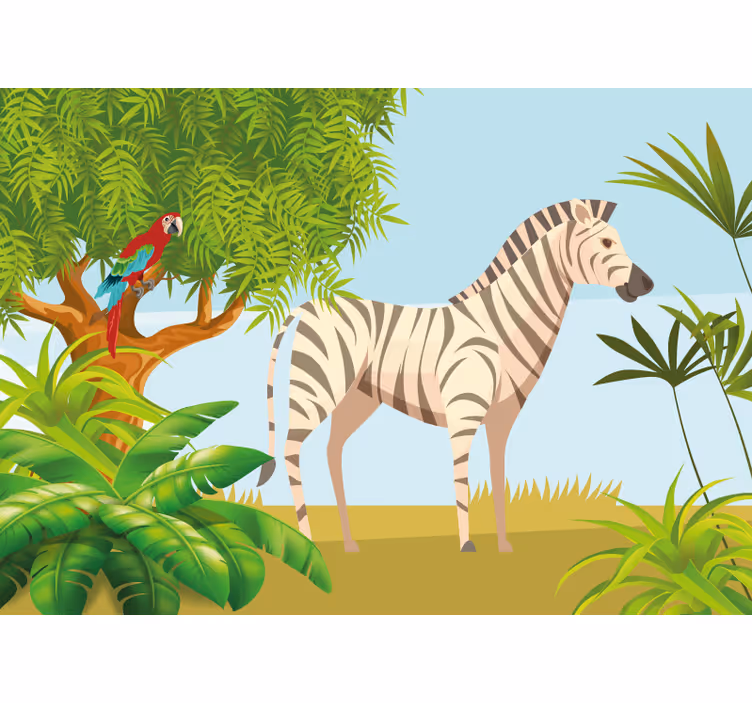 Fotobehang dieren zebra en papegaai scène - TenStickers