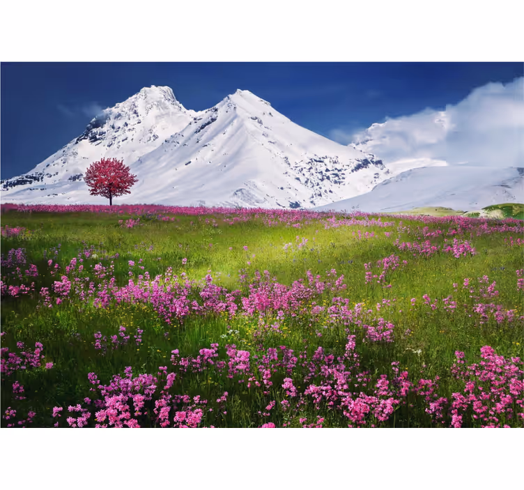 Besneeuwde bergen bloeien foto behang natuur - TenStickers