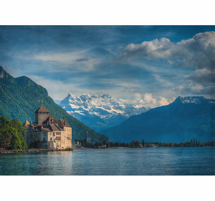 Fotobehang landschap kasteelzicht op bergen - TenStickers