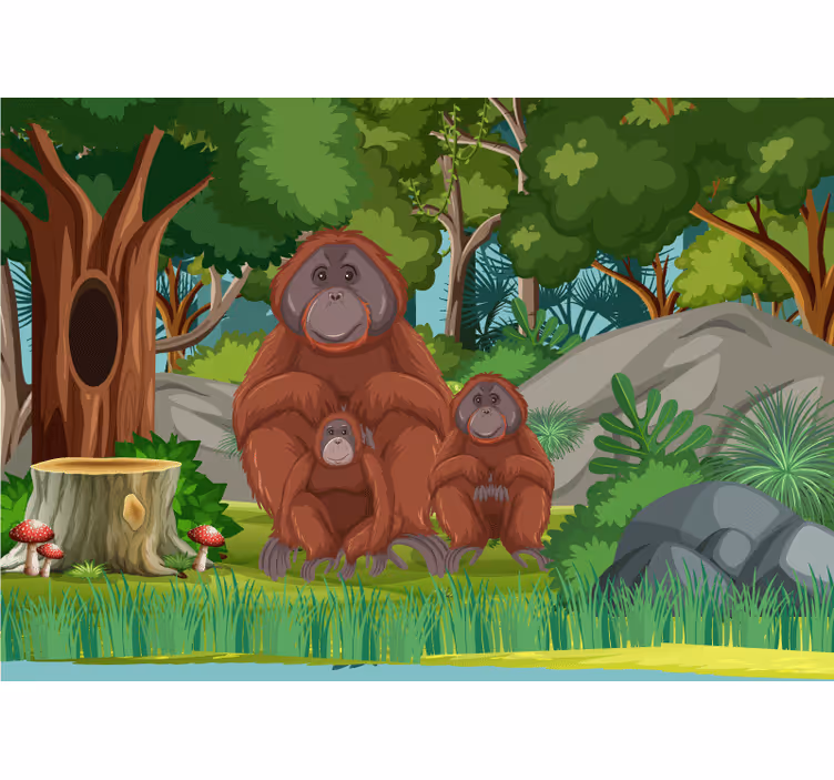 Fotobehang dieren orang-oetans familie scene - TenStickers