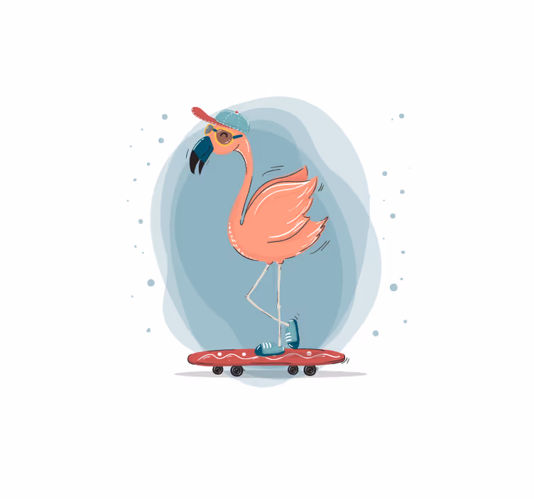 Fotobehang dieren flamingo skateboardplezier - TenStickers