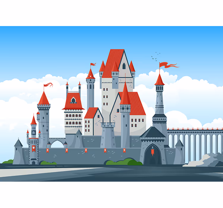Fotobehang fantasie kasteel met rode daken - TenStickers