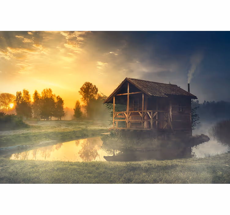 Fotobehang landschap serene cabin zonsondergang - TenStickers