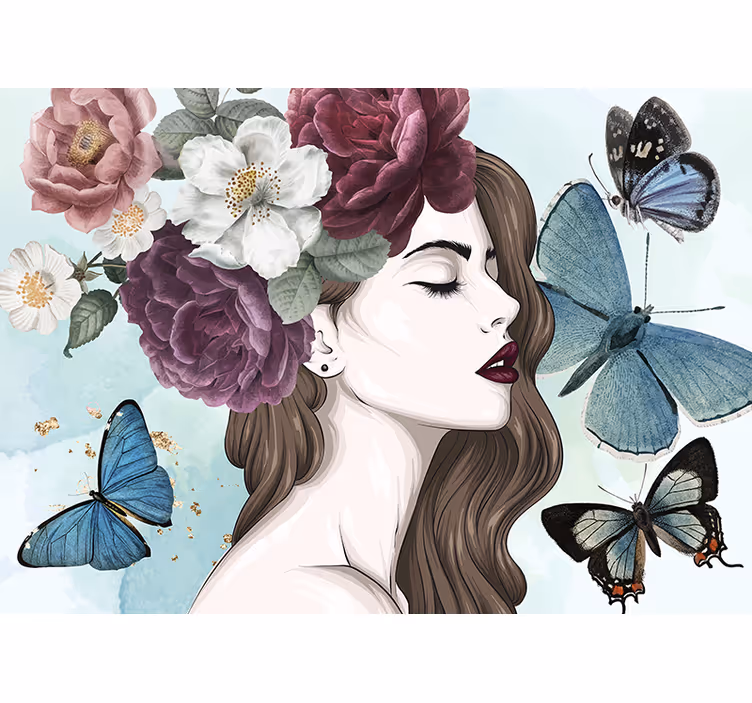 Fotobehang bloemen vrouw met vlinders - TenStickers